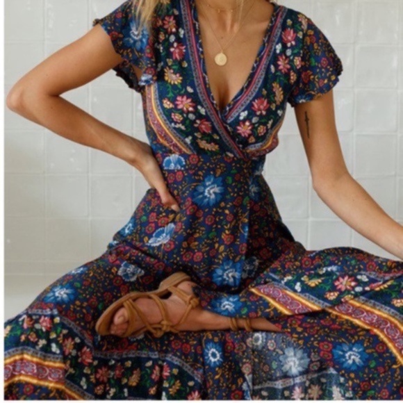 BellanBlue Dresses & Skirts - Boho Blue Floral Print Cottagecore Wrap dress
